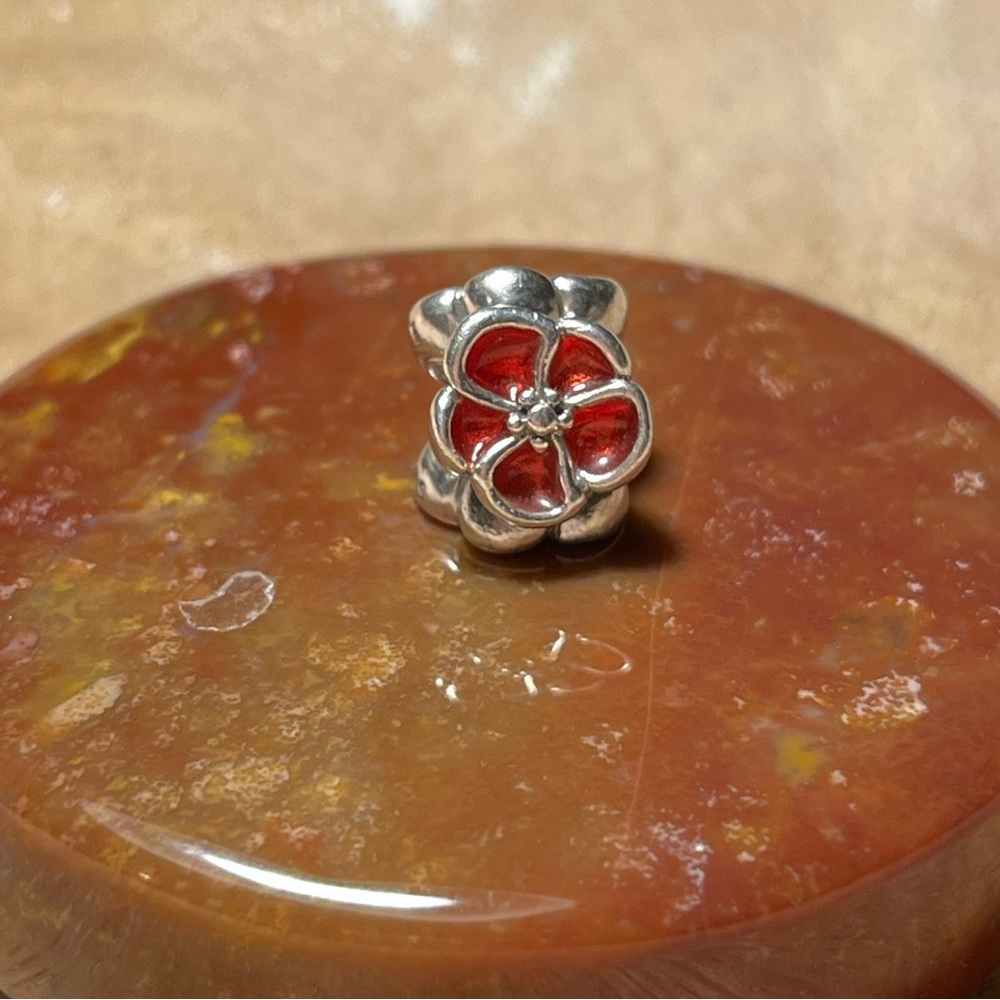 Pandora Red Poppy Sterling Silver Flower Bead Charm RARE - Picture 4 of 12